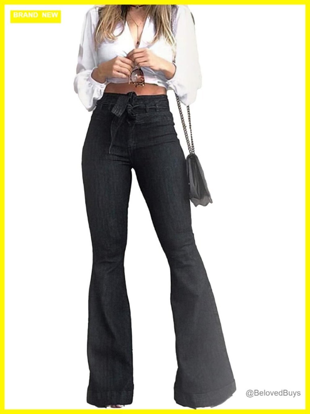 High Waisted Bell Bottom Flare Jeans with Belt Stretch Denim